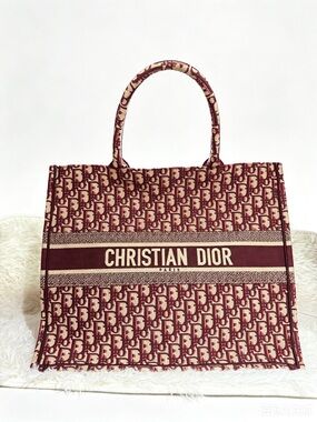Dior Burgundy and Cream Oblique Canvas Tote